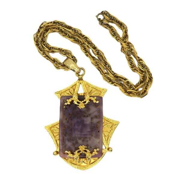 Adele Simpson Jewelry - Vintage Adele Simpson faux Purple Jade Gold-Tone Regency Statement Necklace